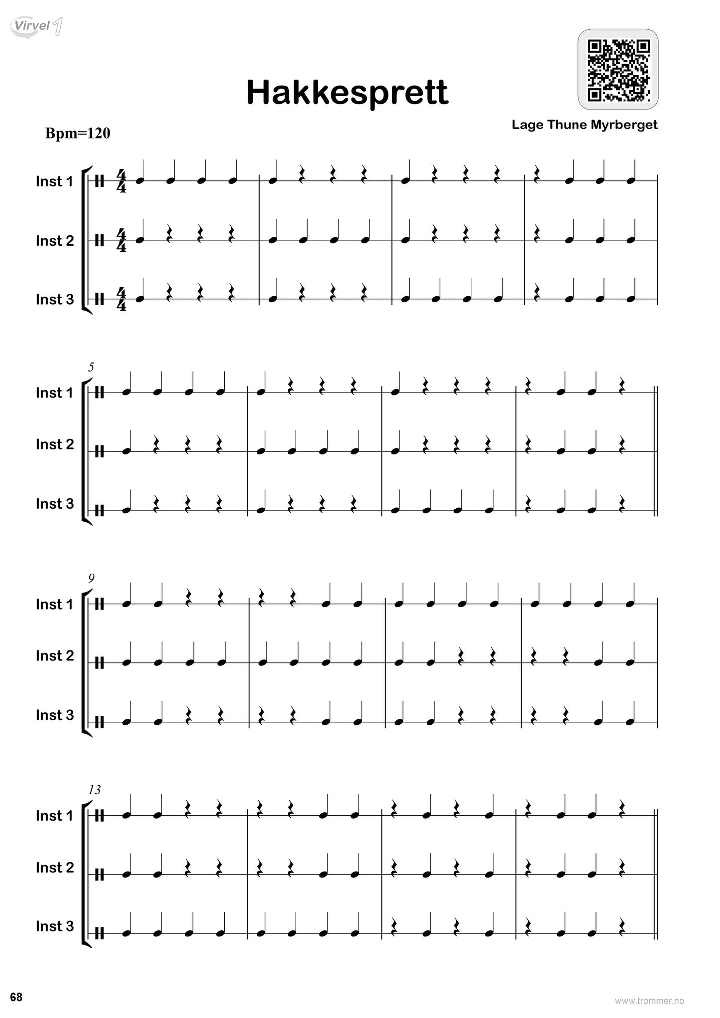 Virvel 1 elevbok side 68 - samspillsøvelser for tre trommeslagere