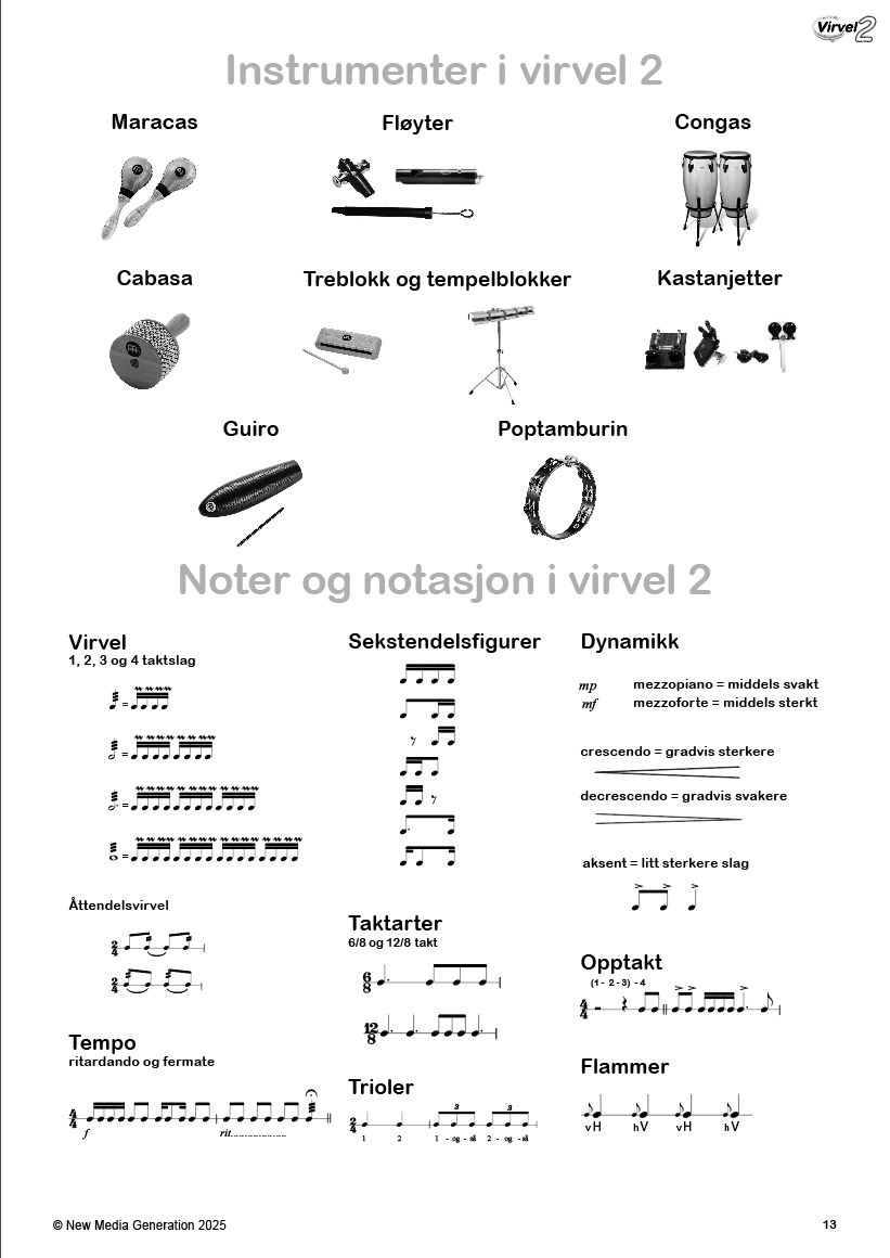 Virvel 2 - instrumenter og notasjon dere vil ære i denne boken. 